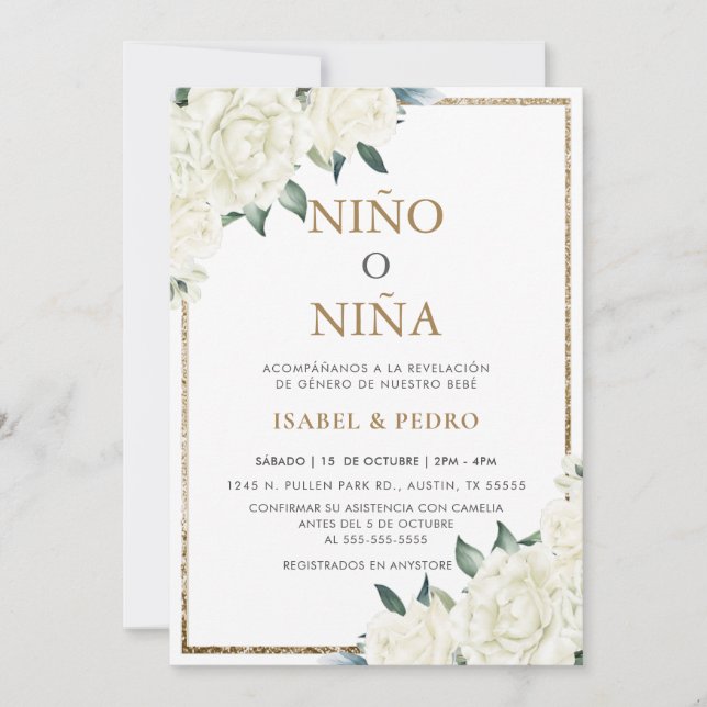 Invitation Parties scintillant d'or ivoire Floral espagnol Ge (Devant)