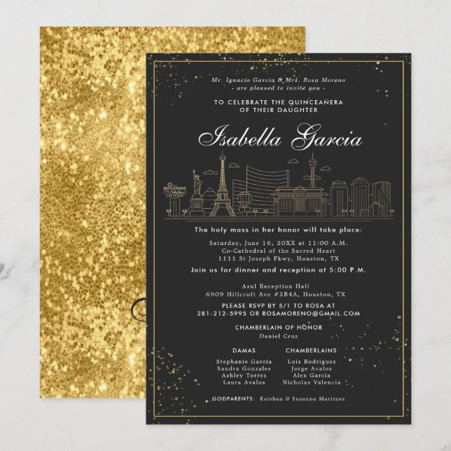 Invitation Parties scintillant d'or Las Vegas Quinceañera Ann (Devant / Derrière)