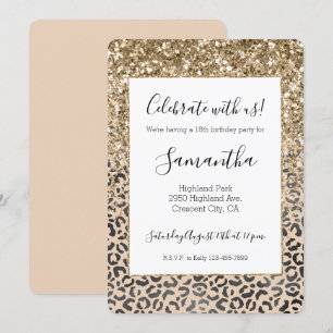 Invitation Parties scintillant d'or Leopard de crème noire