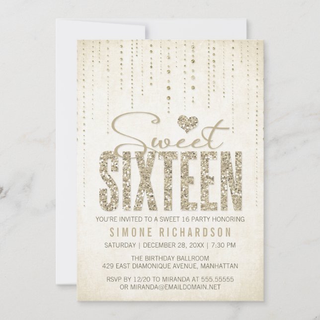 Invitation Parties scintillant d'or Look Sweet 16 (Seize) Par (Devant)