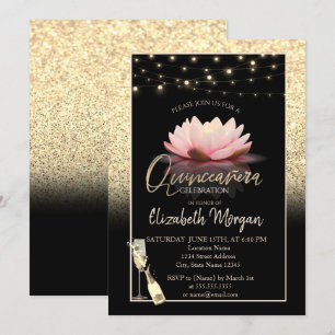 Invitation Parties scintillant d'or, Lotus, Vin Verre Quincea