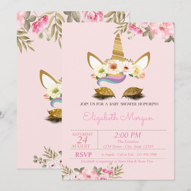 Invitation Parties scintillant d'or magique Baby shower flora (Devant / Derrière)