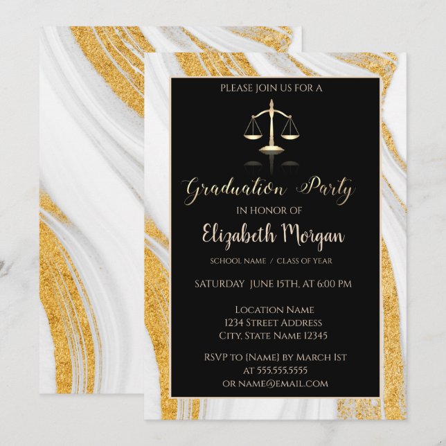 Invitation Parties scintillant d'or Marble Law School Graduat (Devant / Derrière)