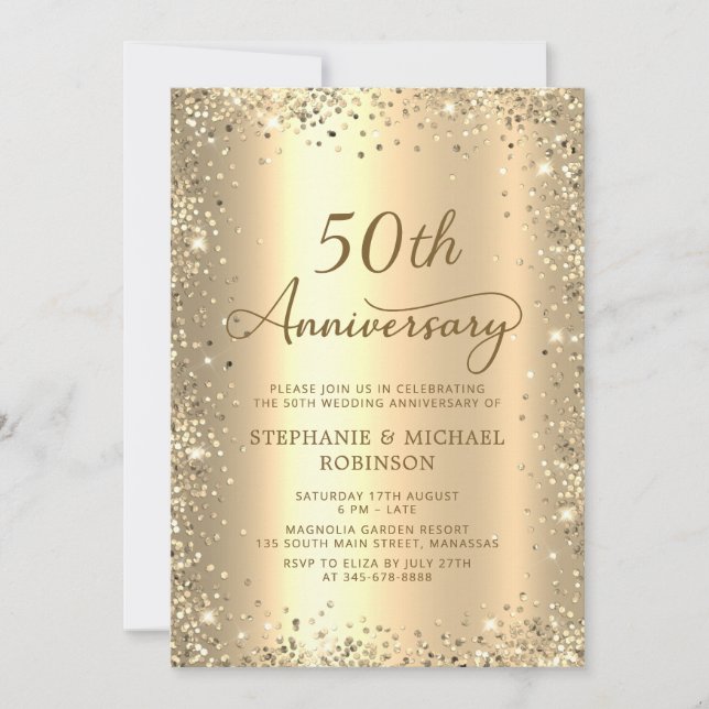 Invitation Parties scintillant d'or Metallic 50e anniversaire (Devant)