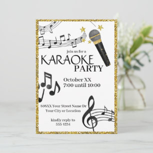 Invitation Parties scintillant d'or Microphone notes de musiq