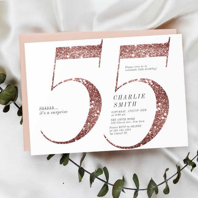 Invitation Parties scintillant d'or minimaliste rose moderne  (Modern minimalist rose gold glitter 55th birthday invitation)