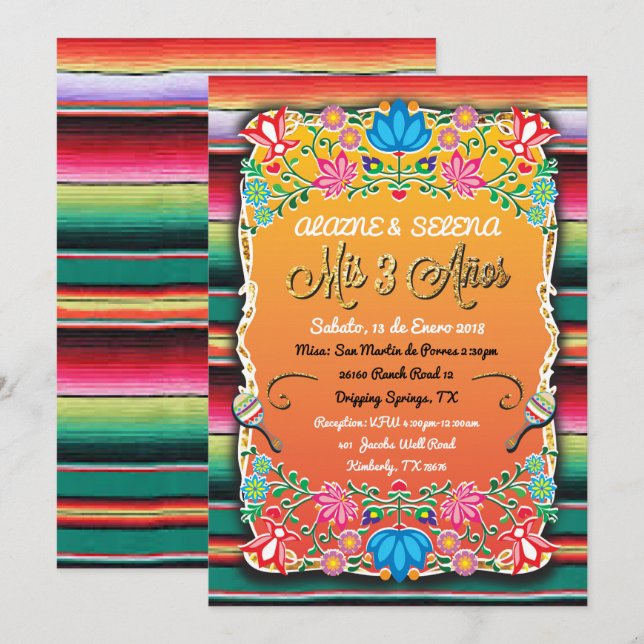 Invitation Parties scintillant d'or Mis 3 Anos Party (Devant / Derrière)