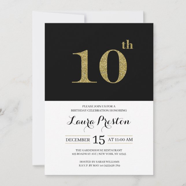 Invitation Parties scintillant d'or moderne 10e anniversaire (Devant)