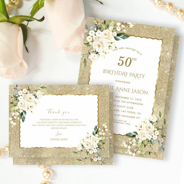 Invitation Parties scintillant d'or moderne Fleurs blanches 5 (Créateur téléchargé)