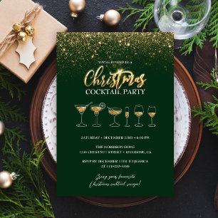 Invitation Parties scintillant d'or moderne Green Christmas C
