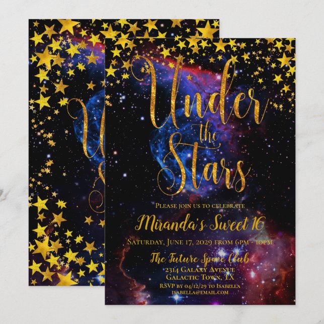 Invitation Parties scintillant d'or moderne sous les étoiles  (Devant / Derrière)
