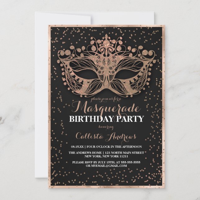 Invitation Parties scintillant d'or noir Confetti Masquerade  (Devant)
