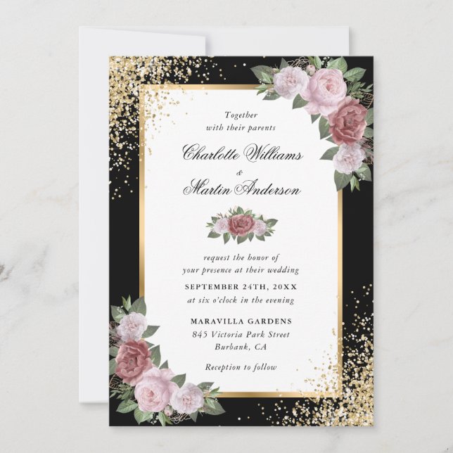 Invitation Parties scintillant d'or noir Mariage floral rose (Devant)