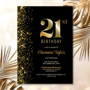 Invitation Parties scintillant d'or noir moderne 21ème annive
