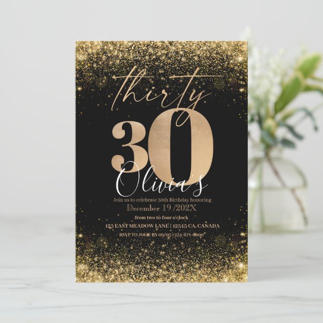 Invitation Parties scintillant d'or noir moderne 30e annivers (Debout devant)