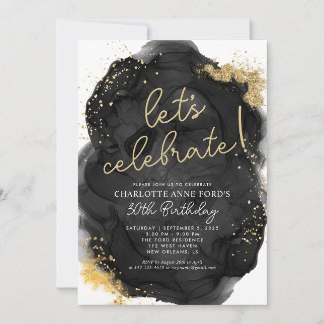 Invitation Parties scintillant d'or noir moderne alcool encre (Devant)