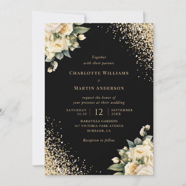 Invitation Parties scintillant d'or noir Roses d'ivoire Maria (Devant)