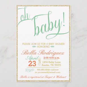 Invitation Parties scintillant d'or Oh Baby shower Coral Mint