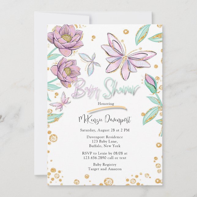 Invitation Parties scintillant d'or papillon et Baby shower F (Devant)