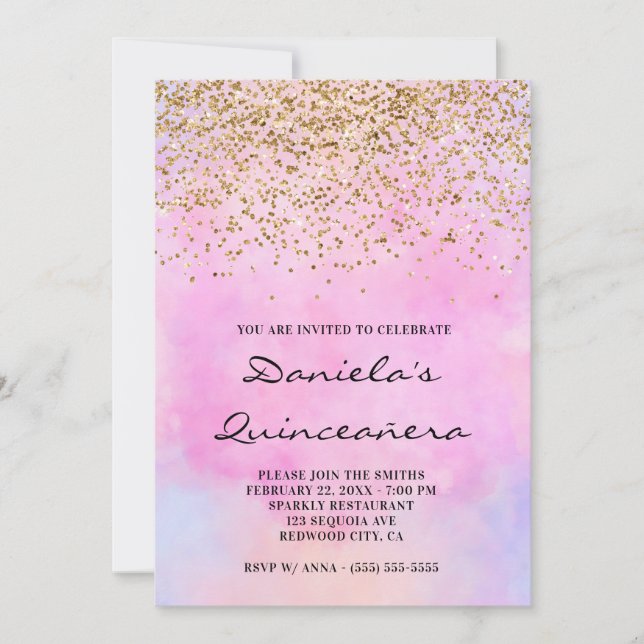 Invitation Parties scintillant d'or Pastel Aquarelle rose Qui (Devant)