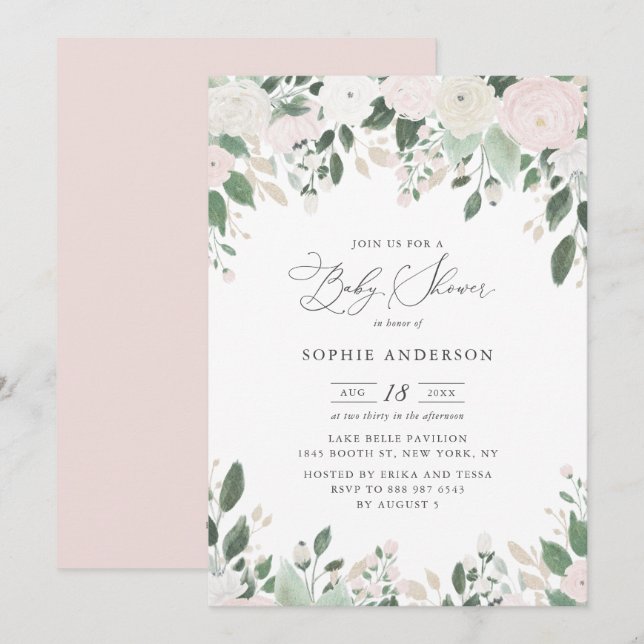 Invitation Parties scintillant d'or Pastel Flowers Baby showe (Devant / Derrière)