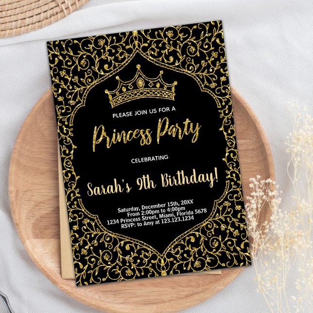 Invitation Parties scintillant d'or princesse rose noire (Golden Glitter Black Pink Princess Birthday Invitation)