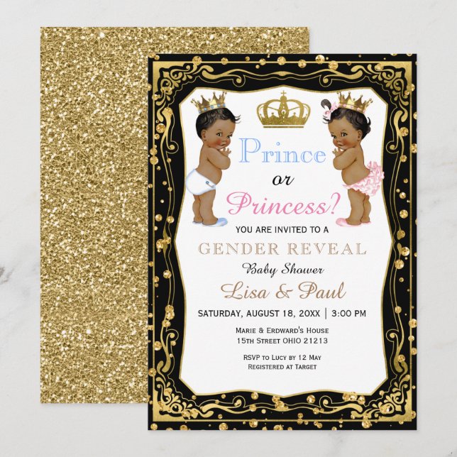 Invitation Parties scintillant d'or Révélation de genre Princ (Devant / Derrière)