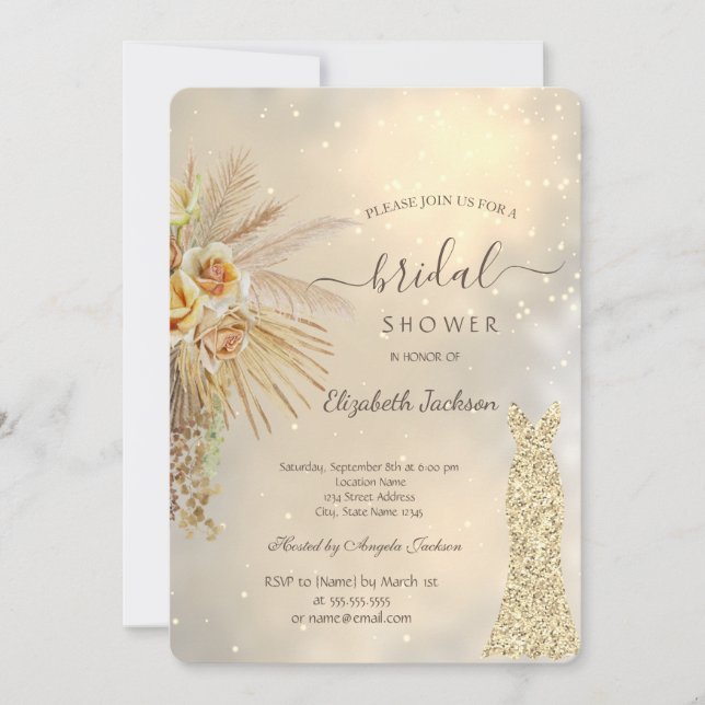 Invitation Parties scintillant d'or Robe Boho Fête des mariée (Devant)