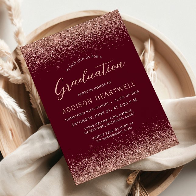 Invitation parties scintillant d'or Rose 2025 Burgundy Gradua (Créateur téléchargé)