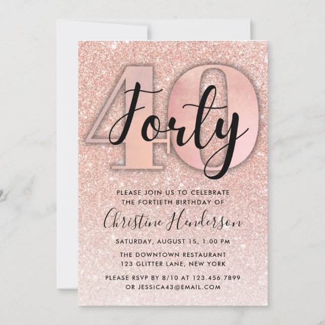 Invitation Parties scintillant d'or rose 40e anniversaire (Devant)