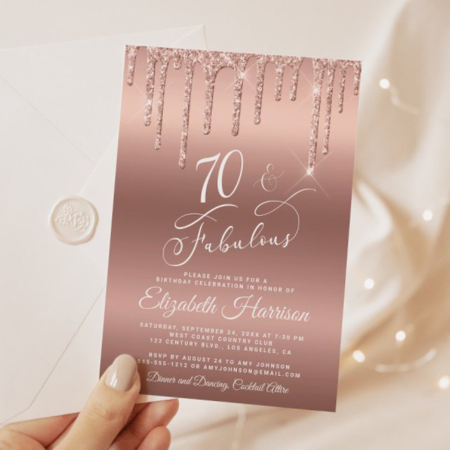 Invitation Parties scintillant d'or rose 70e anniversaire de  (Celebrate her 70 years of sparkle with an elegant rose gold glitter birthday party invitation)