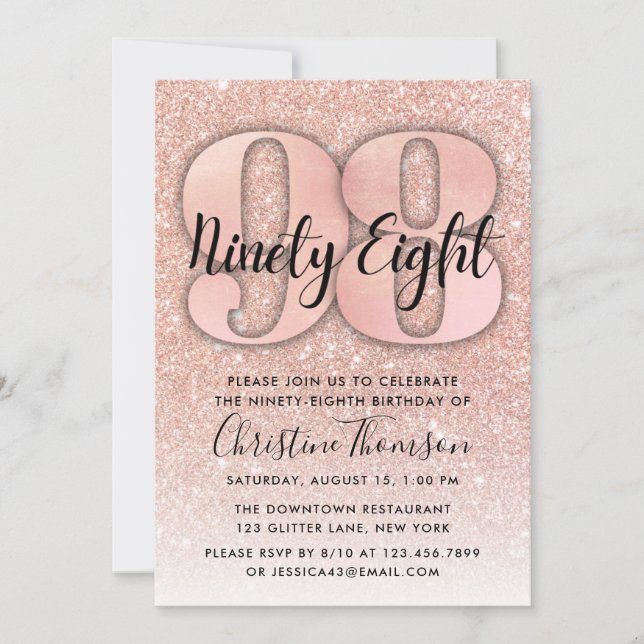Invitation Parties scintillant d'or rose 98e anniversaire Inv (Devant)