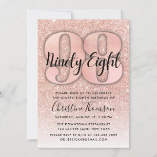 Invitation Parties scintillant d'or rose 98e anniversaire Inv