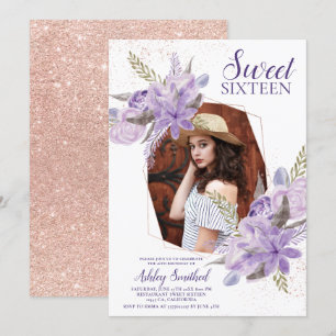 Invitation parties scintillant d'or rose à fleurs violettes p