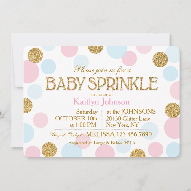 Invitation Parties scintillant d'or rose bébé points bleus Ba (Devant)