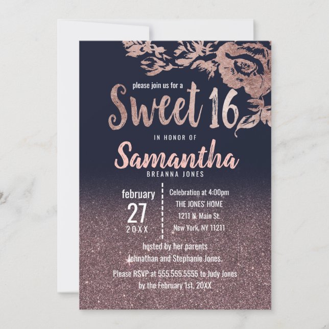 Invitation Parties scintillant d'or Rose bleu de la marine Fl (Devant)