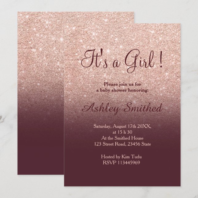 Invitation Parties scintillant d'or rose bordeaux ombre baby  (Devant / Derrière)