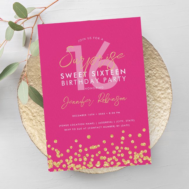 Invitation Parties scintillant d'or rose chaud Confetti Surpr (Hot Pink Gold Glitter Confetti Surprise Sweet 16 Invitation)