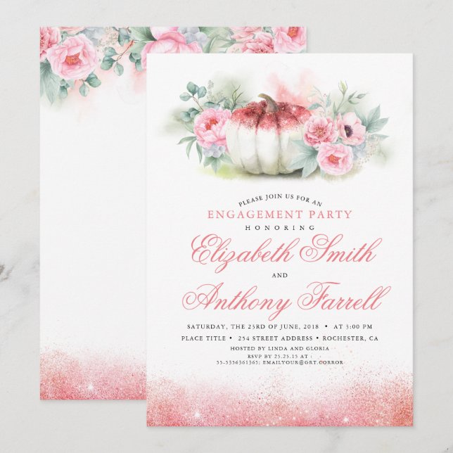 Invitation Parties scintillant d'or rose Citrouille Automne (Devant / Derrière)