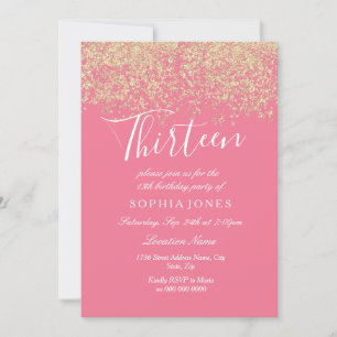 Invitation Parties scintillant d'or rose Confetti 13e anniver