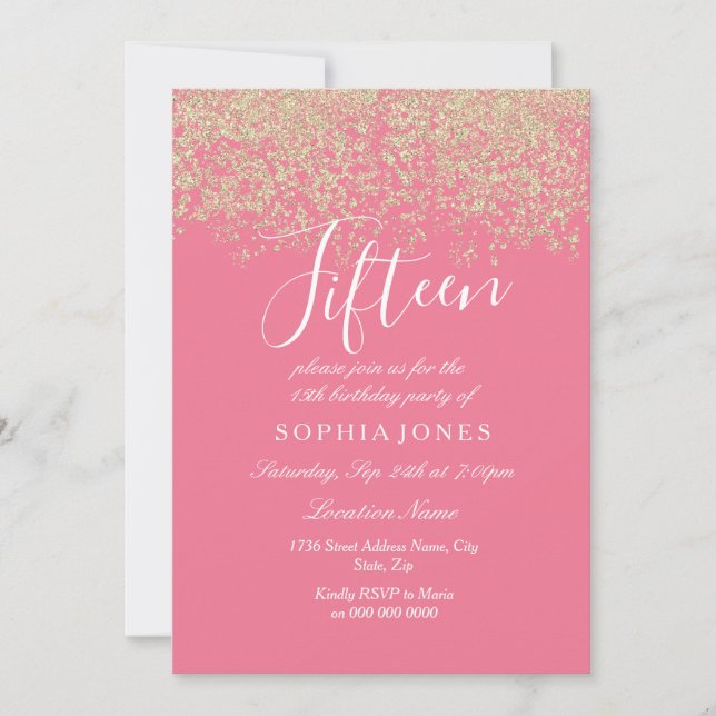 Invitation Parties scintillant d'or rose Confetti 15e anniver (Devant)