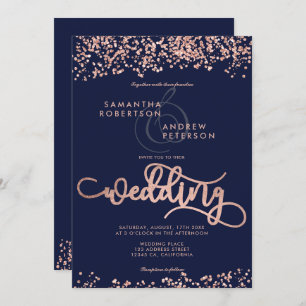 Invitation Parties scintillant d'or rose confetti bleu marine