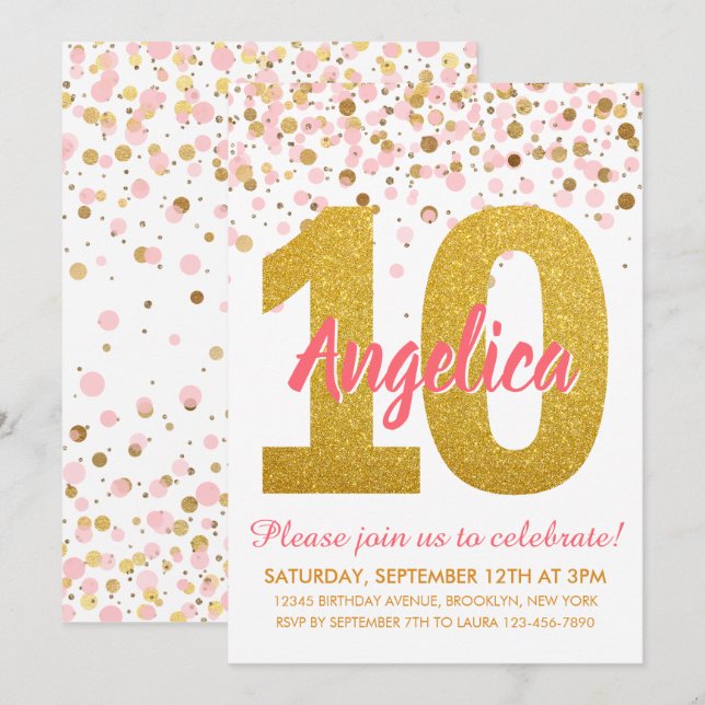 Invitation Parties scintillant d'or rose Confetti fille Dixiè (Devant / Derrière)