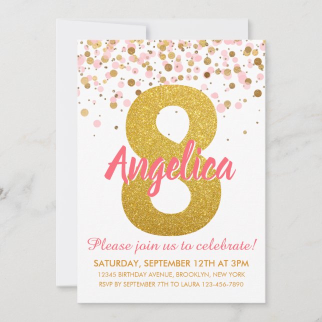Invitation Parties scintillant d'or rose Confetti fille huiti (Devant)