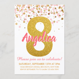 Invitation Parties scintillant d'or rose Confetti fille huiti