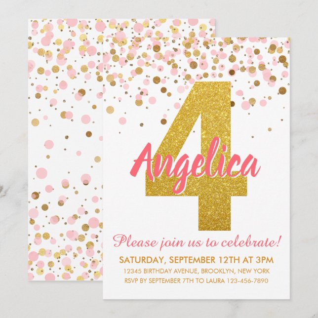 Invitation Parties scintillant d'or rose Confetti Fille quatr (Devant / Derrière)