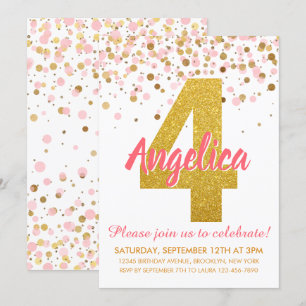 Invitation Parties scintillant d'or rose Confetti Fille quatr