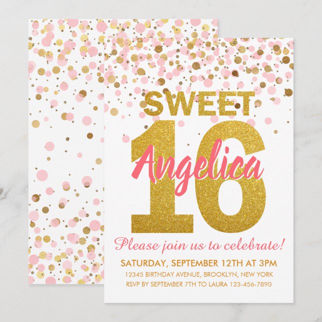 Invitation Parties scintillant d'or rose Confetti Girl Sweet  (Devant / Derrière)