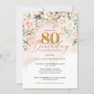 Invitation Parties scintillant d'or rose douce roses 80e anni