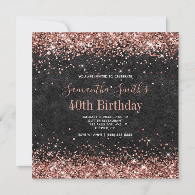 Invitation Parties scintillant d'or rose en cuir noir 40e ann (Devant)